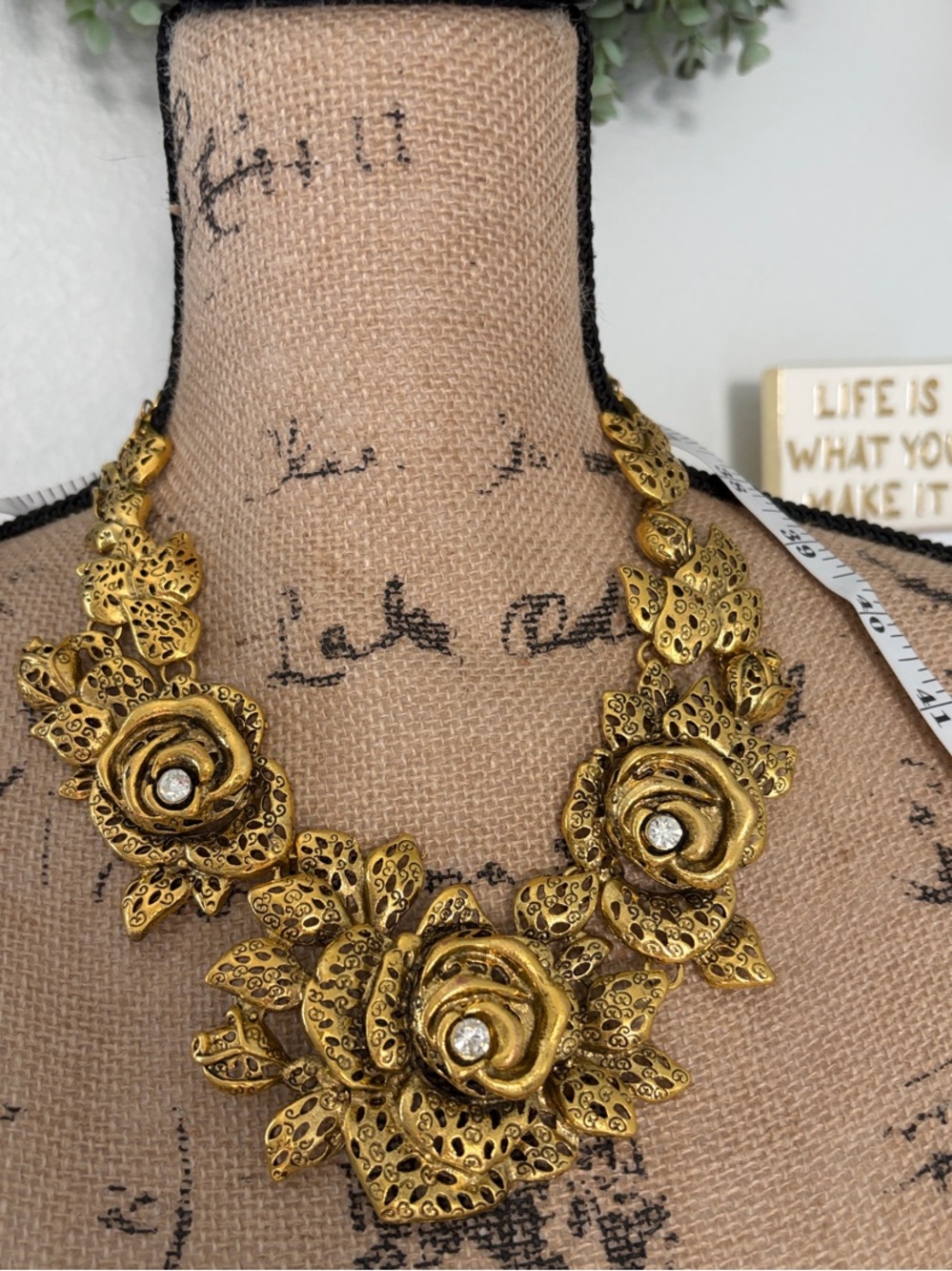 Gold Floral Statement Necklace with Crystal Accents